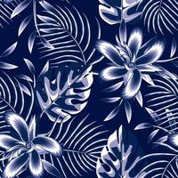 önskvärd grafik textur vektor design med blå enfärgad tropisk hibiskus blommor och monstera handflatan löv sömlös mönster på natt bakgrund. blommig bakgrund. exotisk sommar design. konst