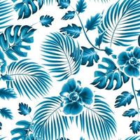 exotische regenwaldillustration mit vintage-blauen monochromatischen tropischen kokosnusszweigblättern, abstrakter blume und monstera-pflanzenlaub auf weißem hintergrund. exotischer Sommerdruck. tropisch nahtlos vektor