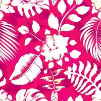vintage heliconia fließt nahtloses muster der illustration mit tropischen bananenpalmenblättern und montera-blattpflanzen auf abstraktem rosa hintergrund. Blumenhintergrund. exotische Tropen. Sommerdesign. Natur vektor
