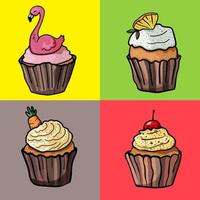uppsättning av fyra muffins dekoration flamingo, morot, citron- och körsbär vektor