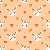 höst sömlös mönster söt kaniner med fallen löv och hjärtan på orange bakgrund. vit Lycklig kanin. barn vektor illustration för tyg, textil, tapet