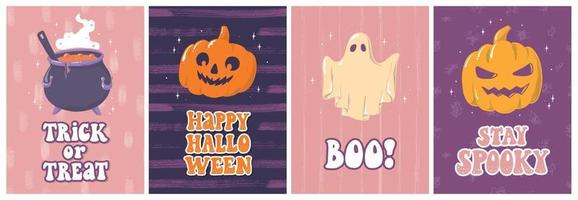 Satz Halloween-Karten, Halloween-Poster mit groovigen Zitaten und Kritzeleien. einladungen, drucke, banner, aufkleberdesign. Folge 10 vektor