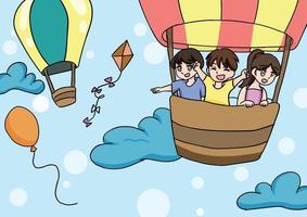 Kindervektorillustration mit drei kleinen Kindern in einem Heißluftballon vektor