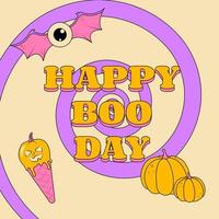 groovy style poster happy boo day für halloween urlaub hypnotisierender spiralkürbis und fliegendes auge vektor