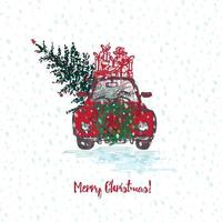 festliche weihnachtskarte. rotes auto mit tanne geschmückten roten kugeln und geschenken auf dem dach. weißer schneebedeckter nahtloser hintergrund und text frohe weihnachten vektor