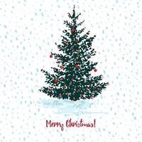 festlig jul kort. gran träd med röd bollar på vit snöig sömlös bakgrund och text glad jul vektor