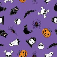 Vektordesign von Mustern mit charakteristischen Elementen der Halloween-Party. halloween-muster mit fledermaus, geist, schwarzer katze, spinnen, schädel und kürbis vektor