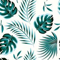 tropisk sammansättning med blå monstera handflatan löv och växter lövverk sömlös mönster på ljus bakgrund. vektor design dekorativ. exotisk djungel tapet. natur tapet. sommar design. konst