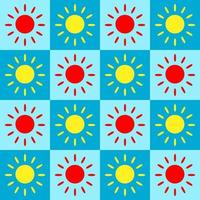 sömlös mönster vektor illustration design. röd och gul Sol glans inom en blå skugga fyrkant blockera eller låda. tyg, papper, utskrift, gåva, trasa, omslag begrepp.