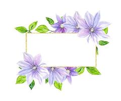 floraler horizontaler rahmen mit lila clementis-blumen, aquarell vektor