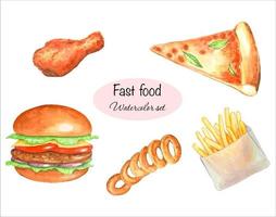 eine reihe von aquarellillustrationen von fast food, hamburger, pommes frites, pizza, hähnchenschenkel, zwiebelringen vektor