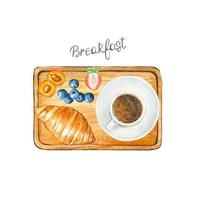 Croissant, Kaffee, Beeren. hand gezeichnete aquarellillustration vektor