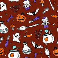 nahtloses Muster mit Halloween-Elementen Gekritzelartvektor-Designillustration auf Burgunder-Hintergrund vektor
