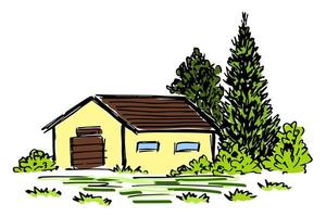 handgezeichnete Farbvektorillustration. Wirtschaftsgebäude, kleines Haus, hellgrünes Gras, Büsche und Bäume. ländliche Landschaft. vektor