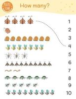 zählspiel mit insekten. Mathe-Aktivität für Kinder im Vorschulalter. wie viele objekte arbeitsblatt. Lernrätsel mit niedlichen lustigen Charakteren. vektor