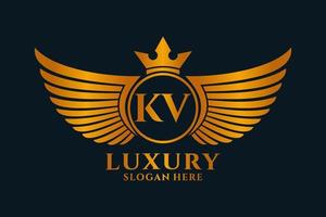 luxus königlicher flügelbuchstabe kv wappengoldfarbe logovektor, siegeslogo, wappenlogo, flügellogo, vektorlogovorlage. vektor