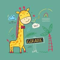 niedliche karikaturgiraffe, die auf bäumen und blatthintergrund lächelt vektor