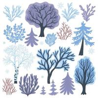 Satz Winterbüsche und -bäume lokalisiert auf weißem Hintergrund. Vektorgrafiken. vektor