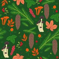 skog sömlös mönster med kottar, bär, svamp, löv. vektor grafik.