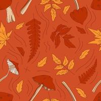 nahtloses Muster. handgezeichnete linie vektor verschiedene arten von pilzen und herbstlaub eiche, ahorn, birke, laub orange, gelb und rot. herbstblattillustration. flaches Design. Hintergrundtextur.