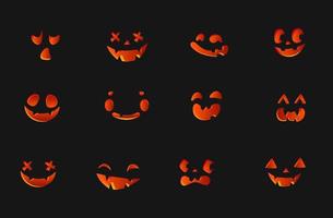 sammlung von halloween-süßen kürbissen geschnitzte gesichter silhouetten. orange rot 3d leuchtende emotionen. Vorlage mit verschiedenen Augen, Mündern und Nasen zum Ausschneiden der Kürbislaterne. Vektor-Illustration vektor