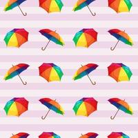 sömlös mönster med regnbåge paraplyer på randig ljus bakgrund vektor