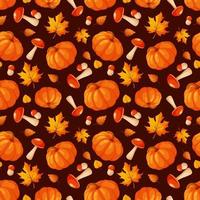 Nahtloses Muster mit Kürbis, Pilzen und Herbstlaub auf braunem Hintergrund vektor