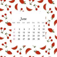 Kalender 2023 für juni. vektorillustration des monatskalenders auf nahtlosem muster mit kirschen, wassermelonen, erdbeeren im flachen karikaturstil. bunter Hintergrund mit Monatsraster. vektor