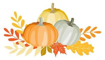 Clipart-Illustration Komposition aus verschiedenen Kürbissen und Blättern in warmen Herbstfarben. Satz von isolierten Objekten. Thanksgiving, Halloween oder Erntefeiern, Kartendesign, Scrapbooking. vektor