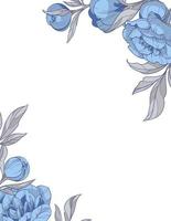 fyrkant ram med blå pioner blommor, hand dragen vektor illustration.
