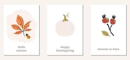 hösten humör gratulationskort affisch mall. välkommen höstsäsong tacksägelseinbjudan. minimalistisk vykort natur löv, träd, pumpor, abstrakta former. vektor illustration i platt tecknad stil