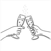 händer innehav glasögon med champagne i hand dragen klotter stil. festlig fira begrepp. vektor illustration.