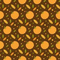 Nahtloses Muster mit Kürbissen und Herbstlaub auf dunkelbraunem Hintergrund. perfekt für halloween-karten, banner, stoff, einladungen, poster, druck vektor