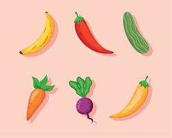 sex frukt och grönsaker vektor