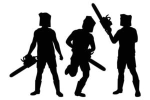 Mörder mit Kettensägenmaschine, Jäger mit Waffenschattenbildvektor auf weißem Hintergrund, Leutegrafikdesign für Halloween-Tag. vektor