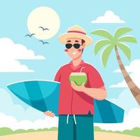 en man njuter kokos i de strand under Semester vektor