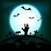 halloween-konzept mit zombiehand, die aus dem boden der erde aufsteigt, mit fledermaus und spinne im vollmondnachthintergrund, vektorillustration vektor