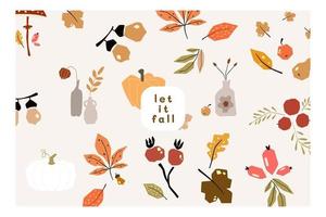 hösten humör gratulationskort affisch mall. välkommen höstsäsong tacksägelseinbjudan. minimalistisk vykort natur löv, träd, pumpor, abstrakta former. vektor illustration i platt tecknad stil