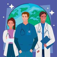 medicinsk personal med jord planet vektor