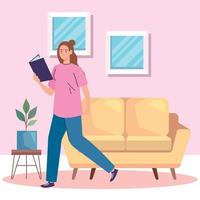 kvinna som läser bok i vardagsrummet vektor