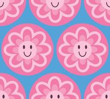 süßes nahtloses muster mit lächelnder gänseblümchenblume in rosa farbe auf blauem hintergrund. vektorillustration, süße y2k-clipart, retro, vintage-texturdesign. moderne trendige psychedelische Blumentapete mit Lächeln vektor