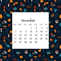 2023 kalender för november. vektor illustration av månad kalender på sömlös mönster med söt igelkottar, löv, svamp i tecknad serie platt stil. färgrik backgroud med månad rutnät.