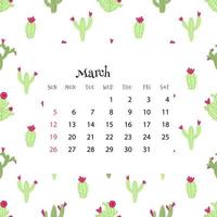 Kalender 2023 für märz. vektorillustration des monatskalenders auf nahtlosem muster mit kaktus im flachen karikaturstil. bunter Hintergrund mit Monatsraster. vektor
