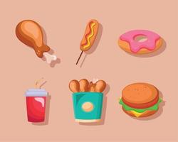 sechs Fast-Food-Symbole vektor