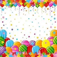 ljus färgrik stjärnor och ballonger gräns på en vit bakgrund. festlig födelsedag fest vektor affisch. firande illustration.