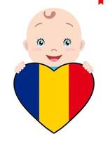 lächelndes Gesicht eines Kindes, eines Babys und einer rumänischen Flagge in Form eines Herzens. symbol für patriotismus, unabhängigkeit, reise, symbol der liebe. vektor
