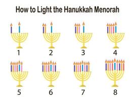 wie man chanukka-menorah-vektorillustration lokalisiert auf weiß beleuchtet vektor