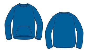 Langarm-Sweatshirt technische Mode flache Skizze Vektor-Illustration blaue Farbvorlage Vorder- und Rückansicht. Baumwoll-Fleece-Jersey Winterkleidung Design Mock-Up Cad vektor