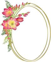 kranz mit grünen blättern und roter freesieblume in einem goldenen runden rahmen. aquarell florale illustration vektor