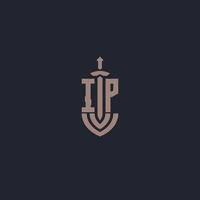 ip-logo-monogramm mit designvorlage im schwert- und schildstil vektor